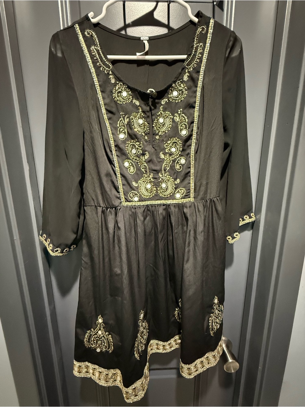 Free People Black Mini Dress with Gold Embroidery